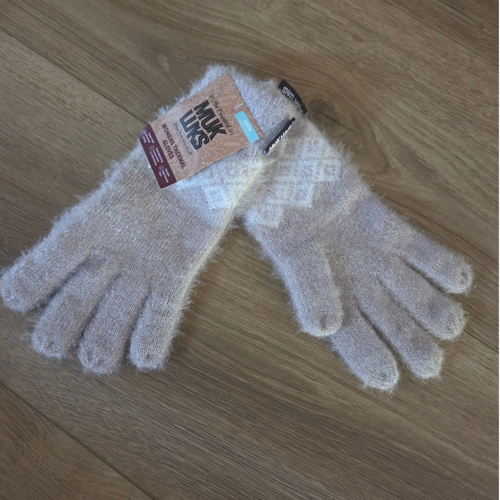 Muk Luks Womens Thermal Gloves Tan White Fuzzy Knit‎ 3.0 TOG OSFM New - Picture 2 of 3